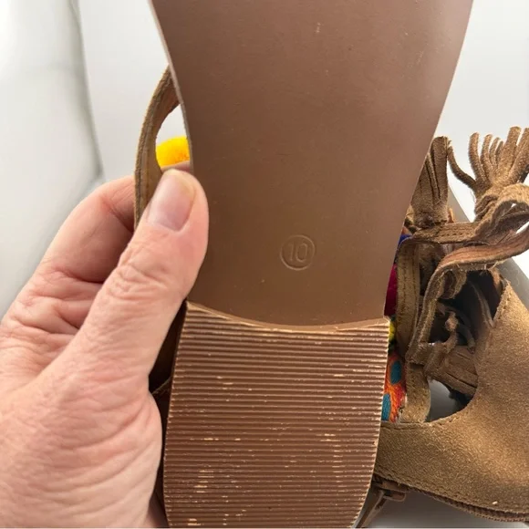 Naughty Monkey Boho Suede Sandals. Size 10 Colorful Pom Pom & Tribal Trim - Picture 5 of 6